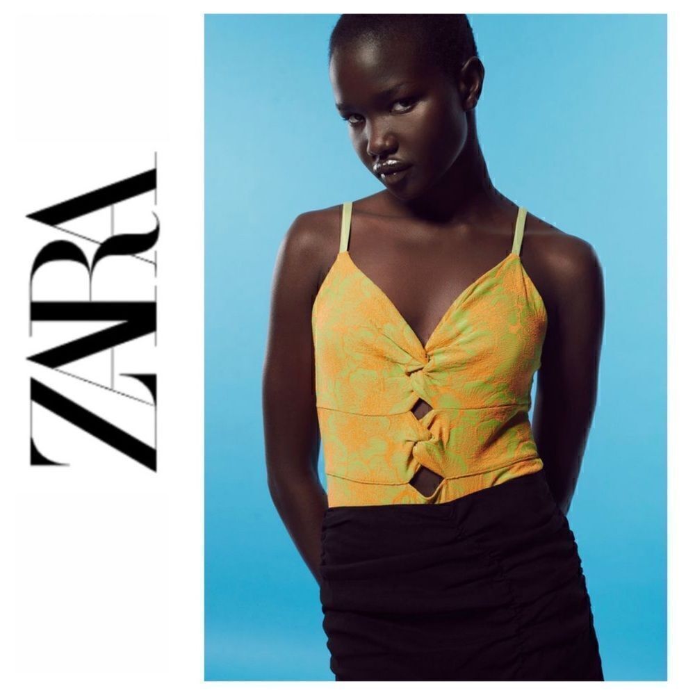 NWT Zara Cutout Knot V-Neck Jacquard Bodysuit, Size Small
